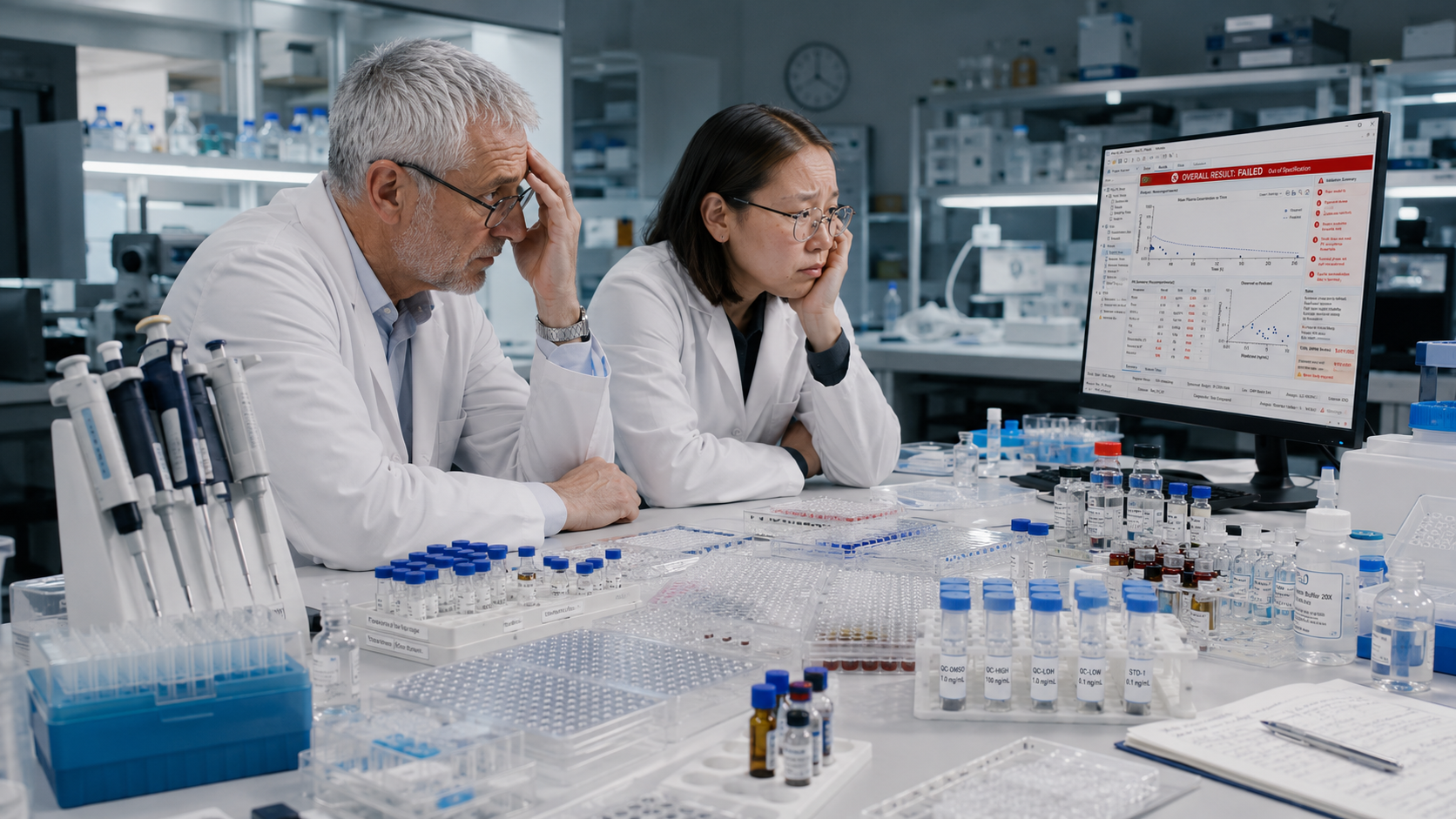 Two scientists in lab coats looking concerned as they review an ADME pharmacokinetics report on screen that shows an overall result marked failed and out of specification